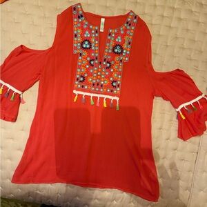 Embroidered Cold Shoulder Red Top